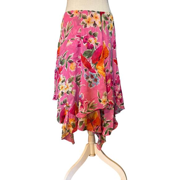 Lauren Ralph Lauren 100% Silk Pink Floral Asymmetrical Midi Handkerchief Skirt 8 - Picture 1 of 7
